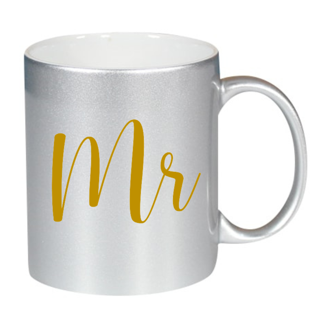 Taza "Mr" y "Mrs" disponible en Blanco, Plateado y Dorado