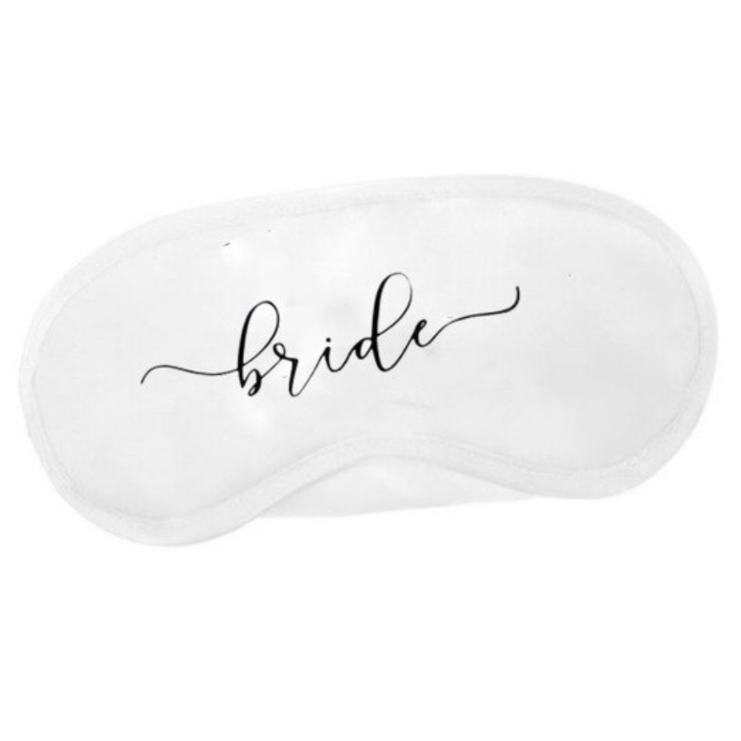 Antifaz de Satín "Bride" Correa ajustable Diseño "Bride" Tela: Satín Color: Blanco con letras negras